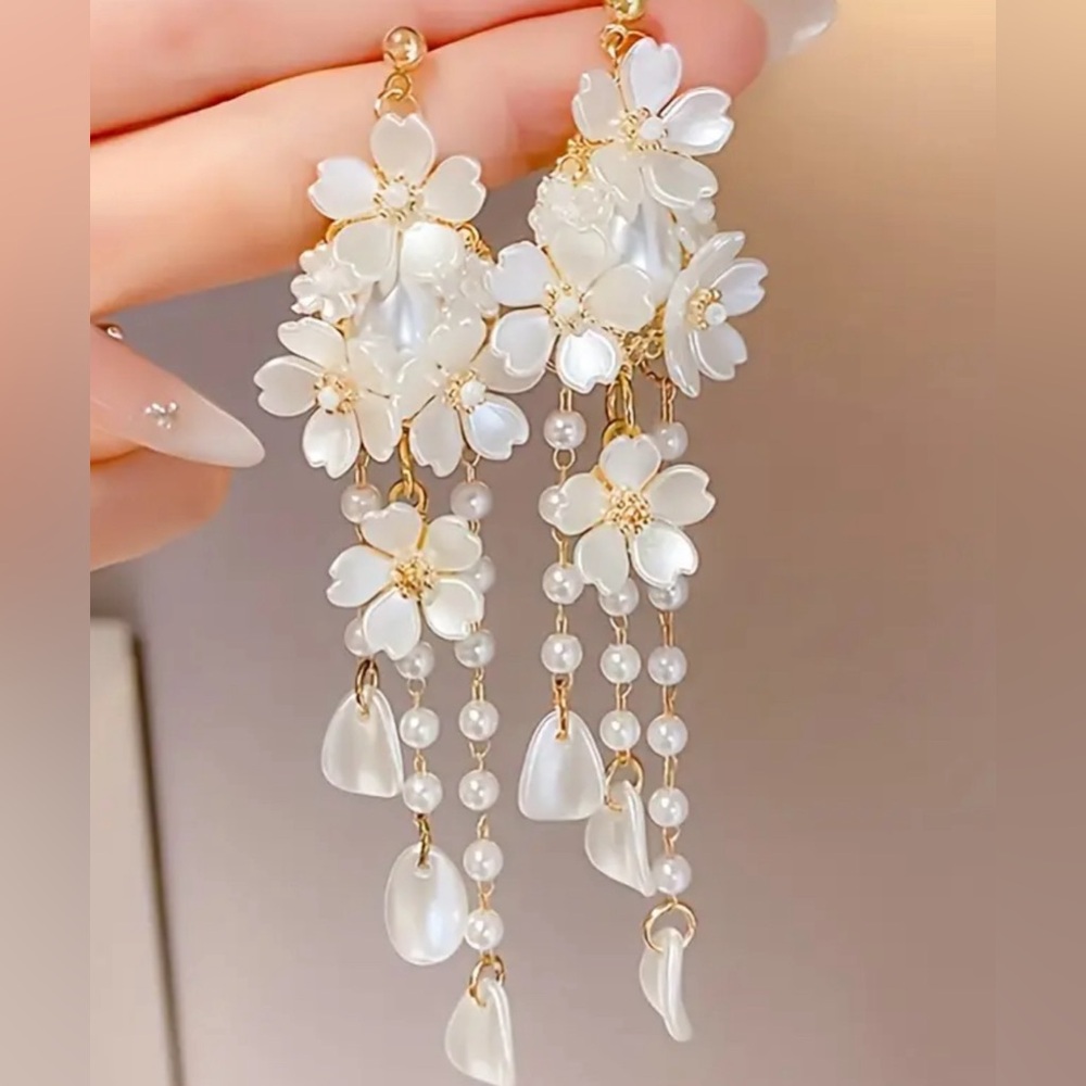 Gorgeous Pearl Dangle Studded Floral Earrings with Pearl Magnolia like Flowers